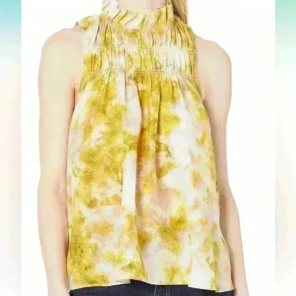 NWT joie summer porcelain print yellow green silk smocked loose fit blouse xxl - Picture 1 of 8